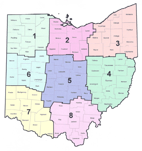 Map of Ohio showing OMCA Regions